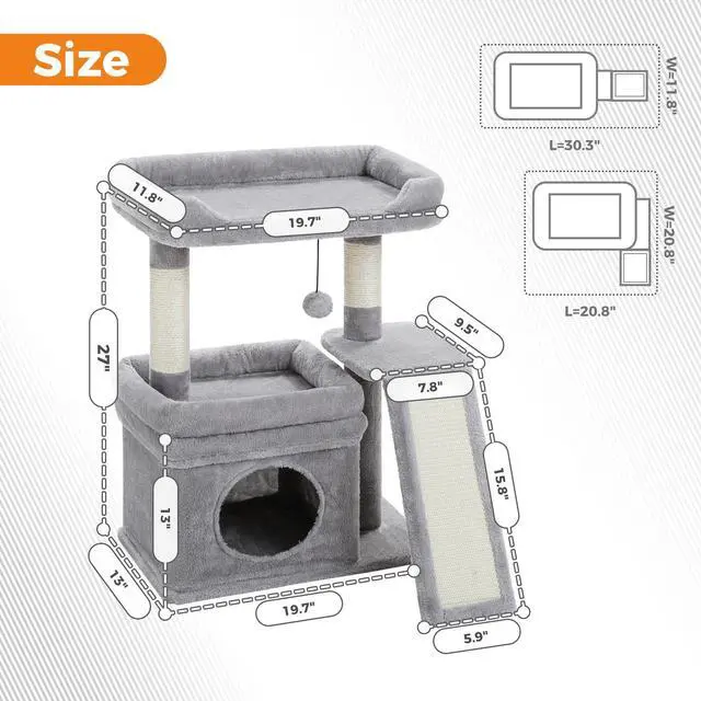 Alt view image 4 of 7 - Cat Tree for Small to Medium Cats Cute Gray Cat Tower with Wide Cushioned Perch, Private Condo & Sisal Scratching Post for Indoor Kittens, Aesthetic Cat Furniture