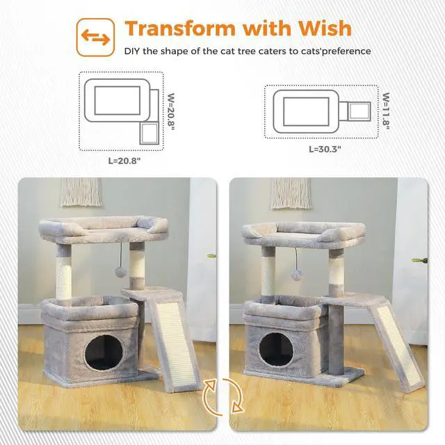Alt view image 5 of 7 - Cat Tree for Small to Medium Cats Cute Gray Cat Tower with Wide Cushioned Perch, Private Condo & Sisal Scratching Post for Indoor Kittens, Aesthetic Cat Furniture