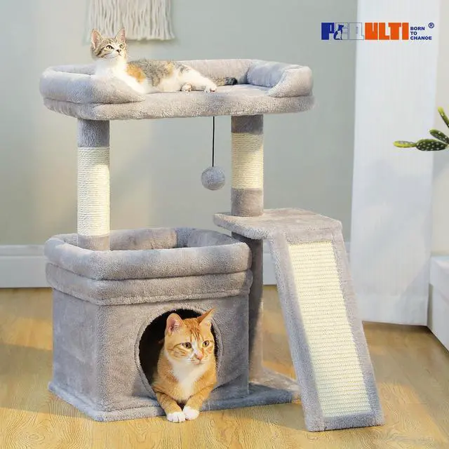 Alt view image 7 of 7 - Cat Tree for Small to Medium Cats Cute Gray Cat Tower with Wide Cushioned Perch, Private Condo & Sisal Scratching Post for Indoor Kittens, Aesthetic Cat Furniture