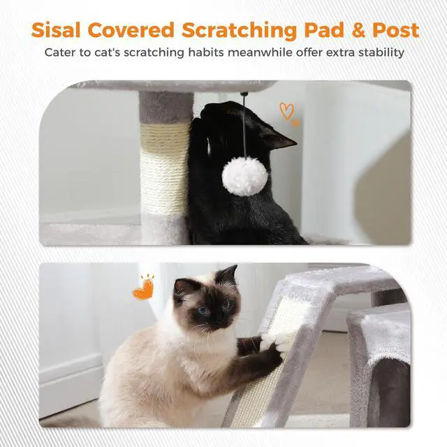 Alt view image 3 of 7 - Cat Tree for Small to Medium Cats Cute Gray Cat Tower with Wide Cushioned Perch, Private Condo & Sisal Scratching Post for Indoor Kittens, Aesthetic Cat Furniture