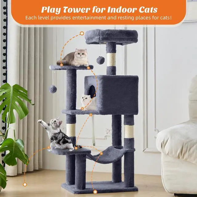 Alt view image 2 of 7 - 44 Inch Cat Tree Tower, Cat Climbing Tower with Natural Sisal Scratching Posts, Hammock, Pet Condo for Indoor Cats and Kittens Play, Dark Grey