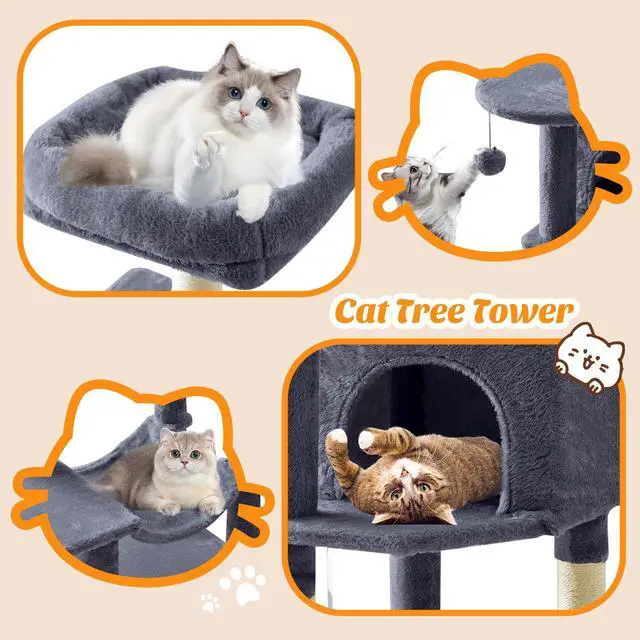 Alt view image 4 of 7 - 44 Inch Cat Tree Tower, Cat Climbing Tower with Natural Sisal Scratching Posts, Hammock, Pet Condo for Indoor Cats and Kittens Play, Dark Grey