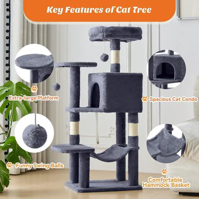 Alt view image 3 of 7 - 44 Inch Cat Tree Tower, Cat Climbing Tower with Natural Sisal Scratching Posts, Hammock, Pet Condo for Indoor Cats and Kittens Play, Dark Grey