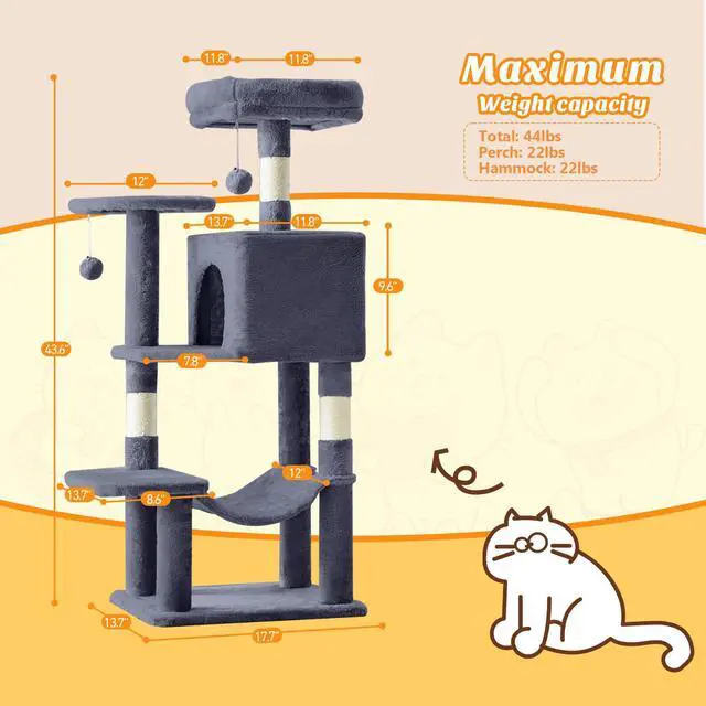 Alt view image 6 of 7 - 44 Inch Cat Tree Tower, Cat Climbing Tower with Natural Sisal Scratching Posts, Hammock, Pet Condo for Indoor Cats and Kittens Play, Dark Grey