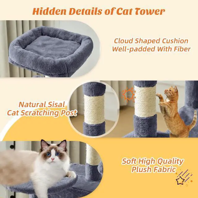 Alt view image 5 of 7 - 44 Inch Cat Tree Tower, Cat Climbing Tower with Natural Sisal Scratching Posts, Hammock, Pet Condo for Indoor Cats and Kittens Play, Dark Grey
