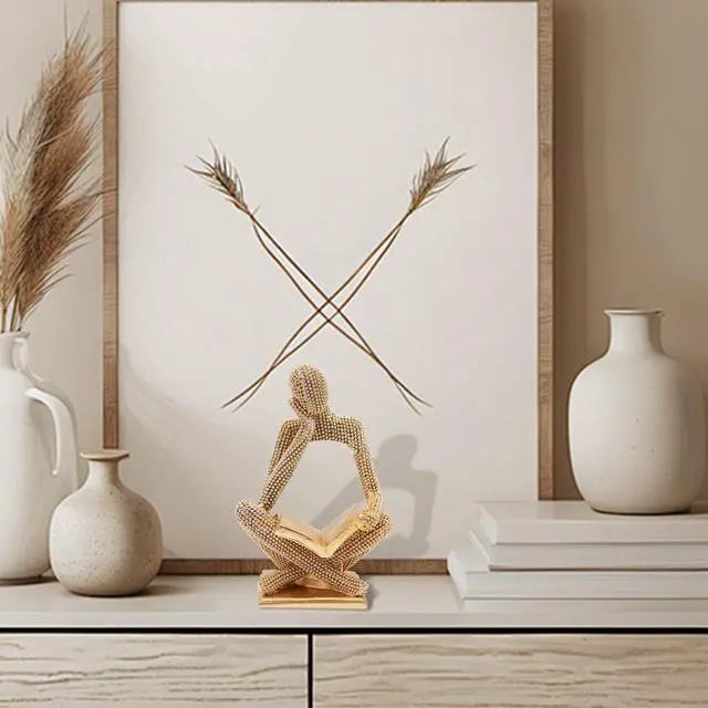 Alt view image 2 of 6 - Sparkling Gold Reading Women Statue, Thinker Sculptures, Abstract Art Ornament, Modern Aesthetic Figurine Decoration for Home Living Room Bedroom Office Shelf Table Desk Bookshelf Decor