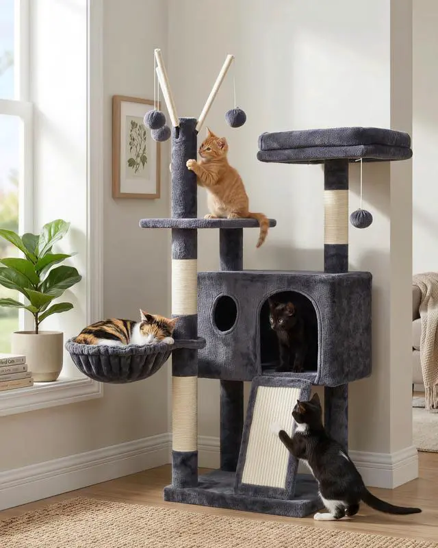 Main image of Cat Tree Tower, Scratching Posts with Removable Toys, Cozy Condo, Platform, Hammock, Sisal Scratch Board and Ball for Indoor Kittens, 41.3 Inches, Smoky Gray MPJ008SG