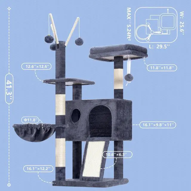 Alt view image 2 of 7 - Cat Tree Tower, Scratching Posts with Removable Toys, Cozy Condo, Platform, Hammock, Sisal Scratch Board and Ball for Indoor Kittens, 41.3 Inches, Smoky Gray MPJ008SG