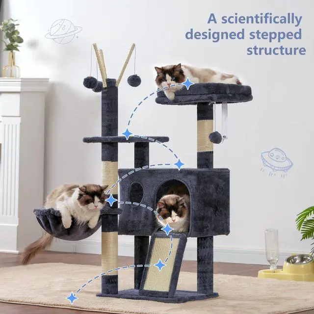 Alt view image 4 of 7 - Cat Tree Tower, Scratching Posts with Removable Toys, Cozy Condo, Platform, Hammock, Sisal Scratch Board and Ball for Indoor Kittens, 41.3 Inches, Smoky Gray MPJ008SG