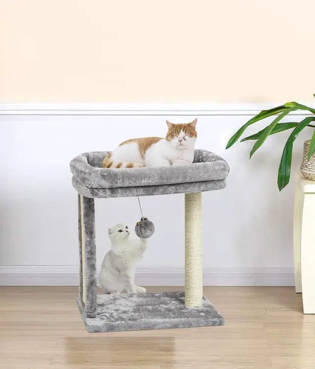 Alt view image 2 of 7 - Cat Tree with Scratching Post for Indoor Cats, Scratching Board with Perch, Cat Post Scratcher with 2 Dangling Balls, Great for Kittens, Grey