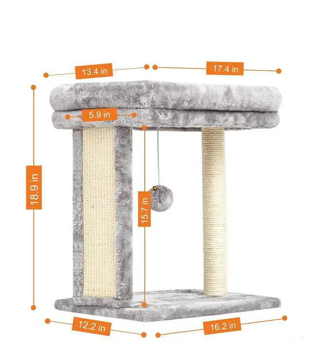 Alt view image 3 of 7 - Cat Tree with Scratching Post for Indoor Cats, Scratching Board with Perch, Cat Post Scratcher with 2 Dangling Balls, Great for Kittens, Grey
