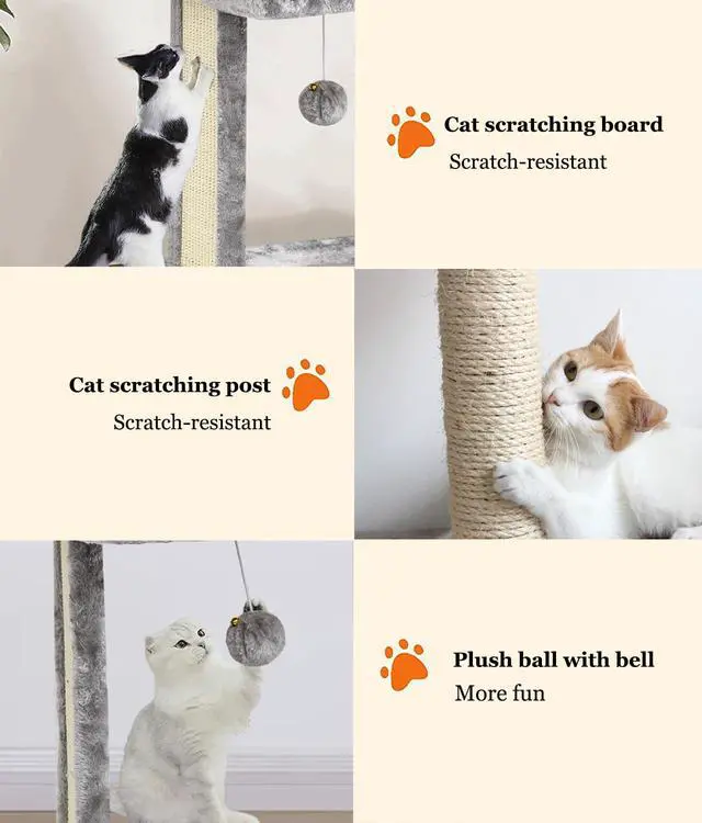 Alt view image 5 of 7 - Cat Tree with Scratching Post for Indoor Cats, Scratching Board with Perch, Cat Post Scratcher with 2 Dangling Balls, Great for Kittens, Grey