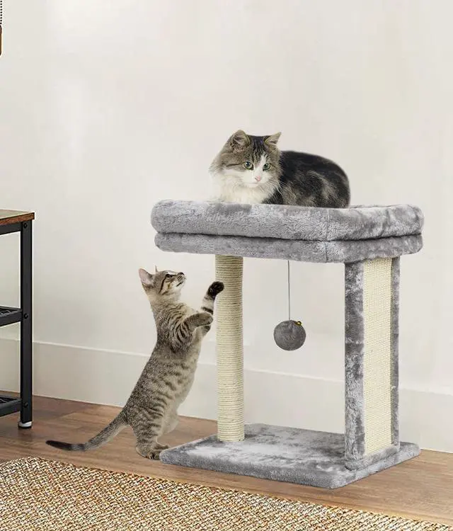 Alt view image 7 of 7 - Cat Tree with Scratching Post for Indoor Cats, Scratching Board with Perch, Cat Post Scratcher with 2 Dangling Balls, Great for Kittens, Grey