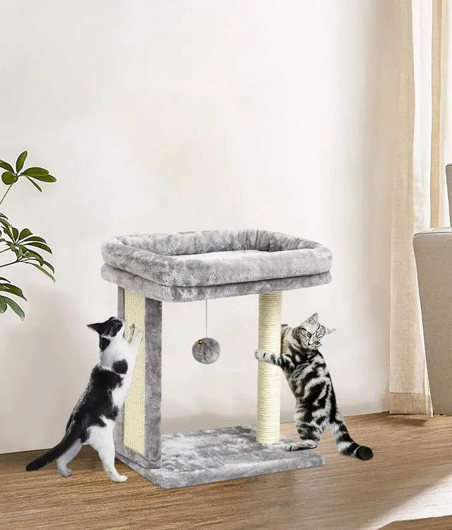 Alt view image 6 of 7 - Cat Tree with Scratching Post for Indoor Cats, Scratching Board with Perch, Cat Post Scratcher with 2 Dangling Balls, Great for Kittens, Grey