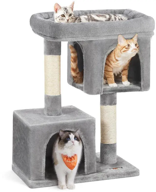 Main image of Cat Tree, 33.1-Inch Cat Tower, Plush Condo for Large Cats up to 16 lb, Large Perch, 2 Caves, Scratching Post, Light Gray UPCT61W