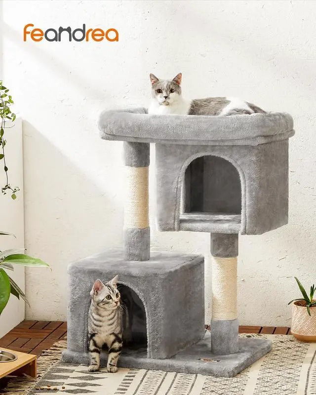 Alt view image 2 of 7 - Cat Tree, 33.1-Inch Cat Tower, Plush Condo for Large Cats up to 16 lb, Large Perch, 2 Caves, Scratching Post, Light Gray UPCT61W