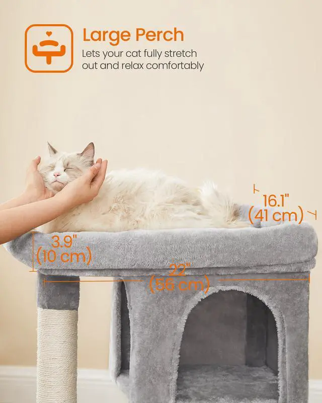 Alt view image 3 of 7 - Cat Tree, 33.1-Inch Cat Tower, Plush Condo for Large Cats up to 16 lb, Large Perch, 2 Caves, Scratching Post, Light Gray UPCT61W