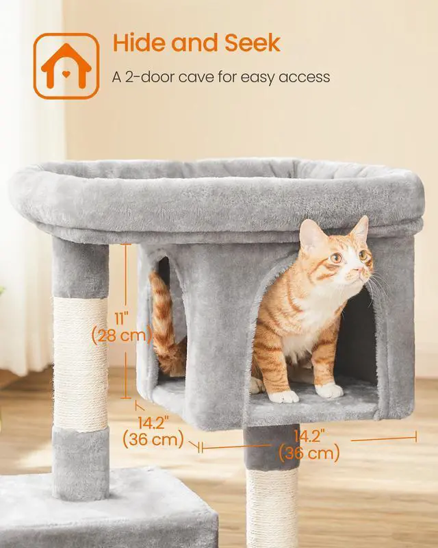 Alt view image 4 of 7 - Cat Tree, 33.1-Inch Cat Tower, Plush Condo for Large Cats up to 16 lb, Large Perch, 2 Caves, Scratching Post, Light Gray UPCT61W