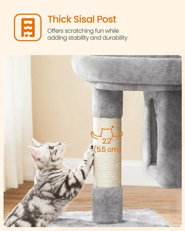 Alt view image 6 of 7 - Cat Tree, 33.1-Inch Cat Tower, Plush Condo for Large Cats up to 16 lb, Large Perch, 2 Caves, Scratching Post, Light Gray UPCT61W