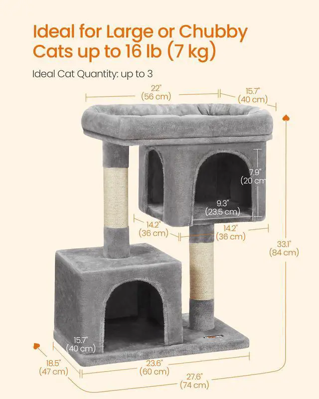 Alt view image 5 of 7 - Cat Tree, 33.1-Inch Cat Tower, Plush Condo for Large Cats up to 16 lb, Large Perch, 2 Caves, Scratching Post, Light Gray UPCT61W