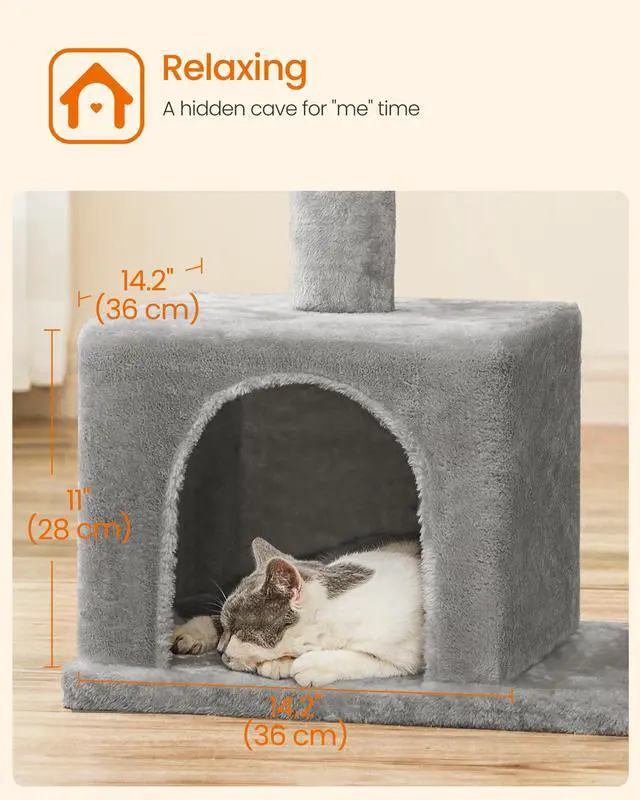 Alt view image 7 of 7 - Cat Tree, 33.1-Inch Cat Tower, Plush Condo for Large Cats up to 16 lb, Large Perch, 2 Caves, Scratching Post, Light Gray UPCT61W
