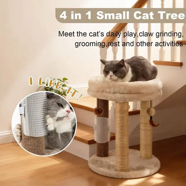 Alt view image 2 of 7 - 4in1 Small Cat Tree,Scratching Post with Tower Soft Bed, Sisal Carpet Jute Posts with Three Hanging Ball Toys and Massage Brush for Indoor Cats and Kittens