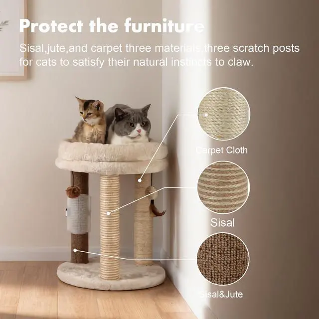 Alt view image 3 of 7 - 4in1 Small Cat Tree,Scratching Post with Tower Soft Bed, Sisal Carpet Jute Posts with Three Hanging Ball Toys and Massage Brush for Indoor Cats and Kittens