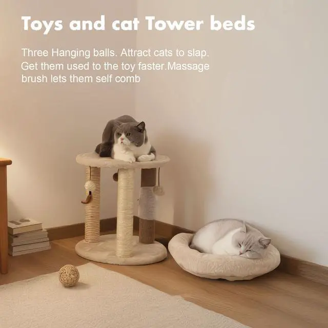Alt view image 7 of 7 - 4in1 Small Cat Tree,Scratching Post with Tower Soft Bed, Sisal Carpet Jute Posts with Three Hanging Ball Toys and Massage Brush for Indoor Cats and Kittens