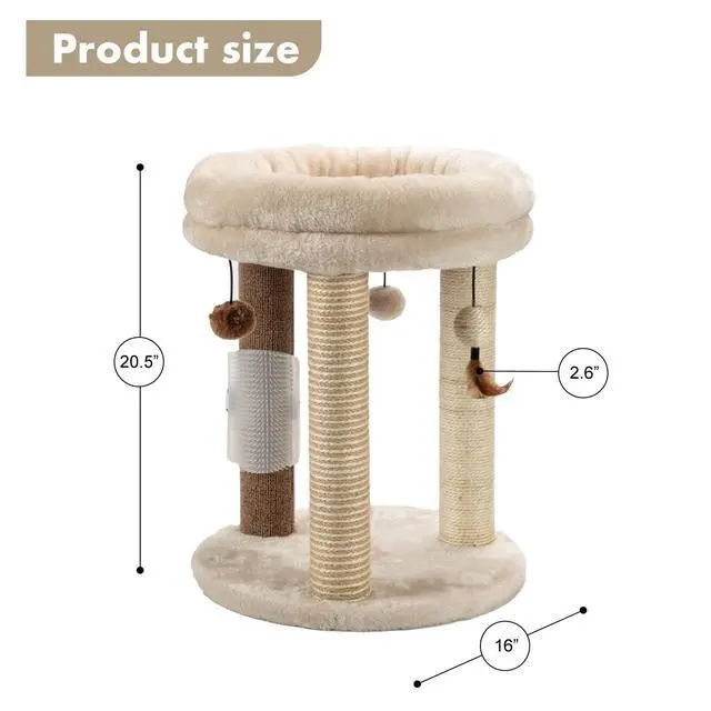 Alt view image 4 of 7 - 4in1 Small Cat Tree,Scratching Post with Tower Soft Bed, Sisal Carpet Jute Posts with Three Hanging Ball Toys and Massage Brush for Indoor Cats and Kittens
