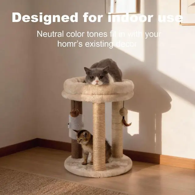 Alt view image 5 of 7 - 4in1 Small Cat Tree,Scratching Post with Tower Soft Bed, Sisal Carpet Jute Posts with Three Hanging Ball Toys and Massage Brush for Indoor Cats and Kittens