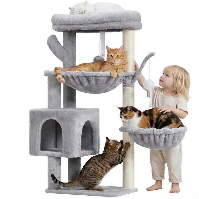 Alt view image 2 of 7 - Cat Tree, 39.4 Inches Tower Condo with Scratching Post, Cat Tower for Indoor Cats, Fully Wrapped Sisal Pole, Soft Platform, 2 Baskets and Dangling Toy, Light Gray HCT006SW