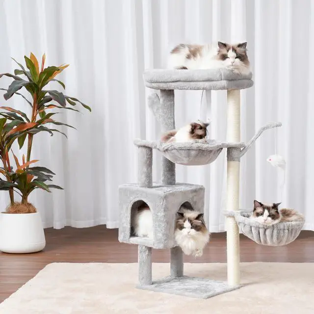 Alt view image 3 of 7 - Cat Tree, 39.4 Inches Tower Condo with Scratching Post, Cat Tower for Indoor Cats, Fully Wrapped Sisal Pole, Soft Platform, 2 Baskets and Dangling Toy, Light Gray HCT006SW