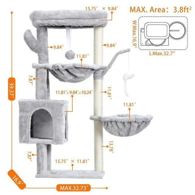 Alt view image 6 of 7 - Cat Tree, 39.4 Inches Tower Condo with Scratching Post, Cat Tower for Indoor Cats, Fully Wrapped Sisal Pole, Soft Platform, 2 Baskets and Dangling Toy, Light Gray HCT006SW