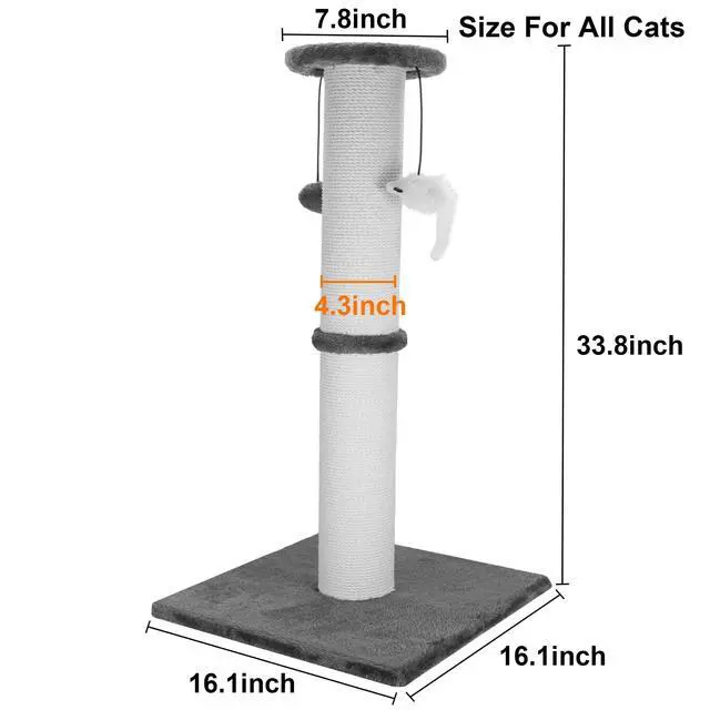 Alt view image 2 of 7 - Cat Scratching Post 34 Inches Heavy Duty and Thicker Cat Scratching Post Cotton Rope with Hanging Ball and Mice Scratching Post for Indoor Cats and Adult(Grey)