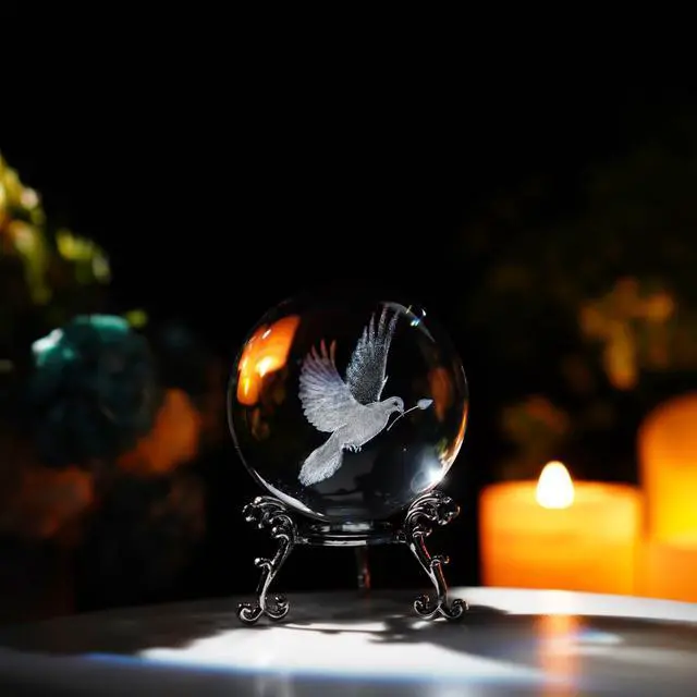 Alt view image 2 of 7 - Dove Statue Crystal Ball 2.3in 3D White Dove Figurine with Stand Gift