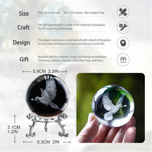 Alt view image 3 of 7 - Dove Statue Crystal Ball 2.3in 3D White Dove Figurine with Stand Gift