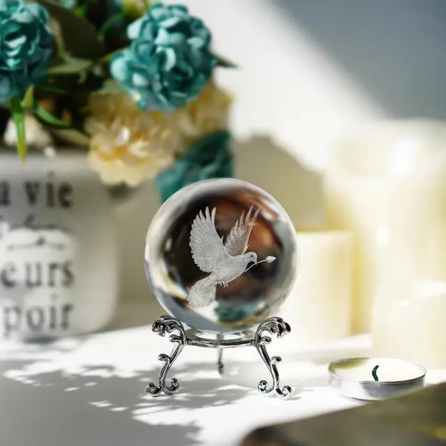 Alt view image 5 of 7 - Dove Statue Crystal Ball 2.3in 3D White Dove Figurine with Stand Gift