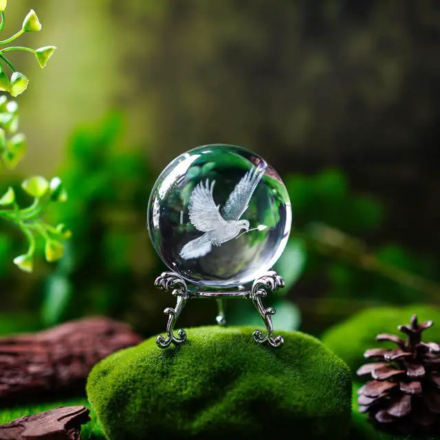 Alt view image 6 of 7 - Dove Statue Crystal Ball 2.3in 3D White Dove Figurine with Stand Gift