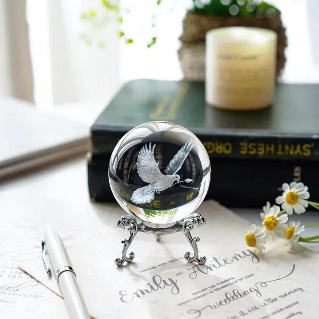 Alt view image 7 of 7 - Dove Statue Crystal Ball 2.3in 3D White Dove Figurine with Stand Gift