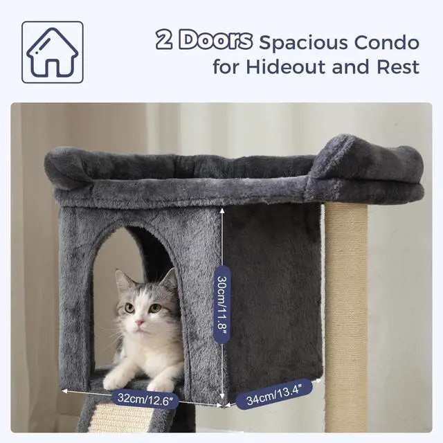 Alt view image 4 of 7 - Small Cat Tree 28Cat Tower with Top Large Bed 20x13-Dark Grey