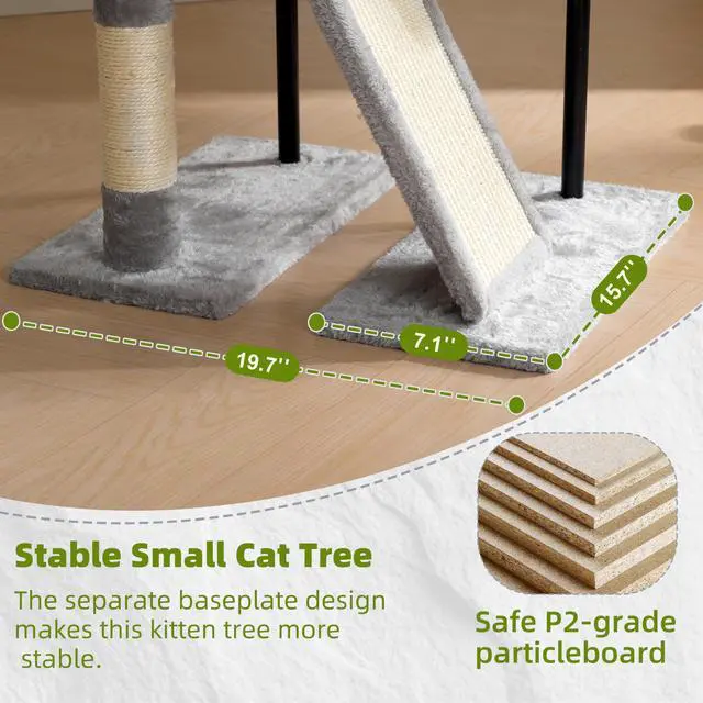 Alt view image 4 of 7 - Cat Tree for Indoor Cats, Cat Tower with Scratching Post for Small Cats and Kittens, Cat House with Removable Top Platform and Fluffy Balls, Hanging Cat Basket, Light Gray GCT006SW