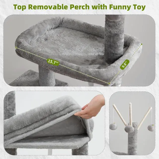 Alt view image 2 of 7 - Cat Tree for Indoor Cats, Cat Tower with Scratching Post for Small Cats and Kittens, Cat House with Removable Top Platform and Fluffy Balls, Hanging Cat Basket, Light Gray GCT006SW