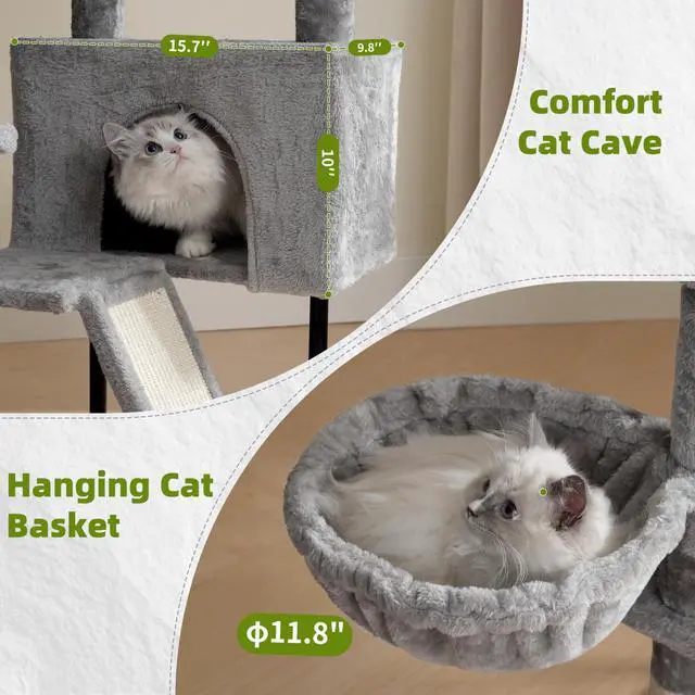 Alt view image 3 of 7 - Cat Tree for Indoor Cats, Cat Tower with Scratching Post for Small Cats and Kittens, Cat House with Removable Top Platform and Fluffy Balls, Hanging Cat Basket, Light Gray GCT006SW