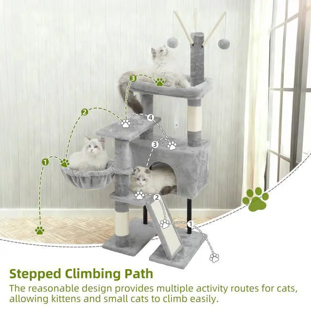 Alt view image 6 of 7 - Cat Tree for Indoor Cats, Cat Tower with Scratching Post for Small Cats and Kittens, Cat House with Removable Top Platform and Fluffy Balls, Hanging Cat Basket, Light Gray GCT006SW