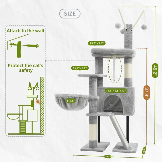 Alt view image 7 of 7 - Cat Tree for Indoor Cats, Cat Tower with Scratching Post for Small Cats and Kittens, Cat House with Removable Top Platform and Fluffy Balls, Hanging Cat Basket, Light Gray GCT006SW