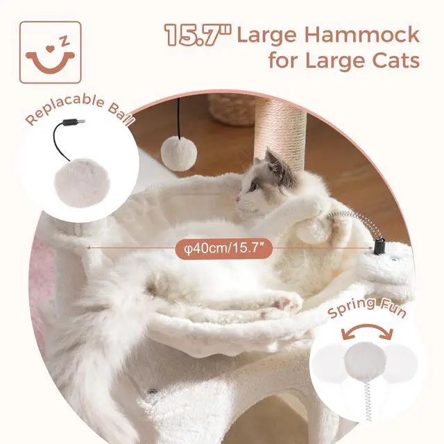 Alt view image 2 of 7 - Cat Tree 32 Inches Small Cat Tree for Large Cats Adult Cat Tower with Scratching Post,15.7Large Hammock and Self Groomer, and Removable Top Perch and Wide Condo for Indoor Cats-Beige