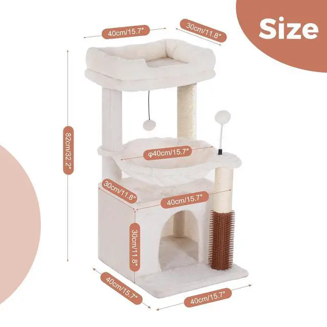 Alt view image 6 of 7 - Cat Tree 32 Inches Small Cat Tree for Large Cats Adult Cat Tower with Scratching Post,15.7Large Hammock and Self Groomer, and Removable Top Perch and Wide Condo for Indoor Cats-Beige