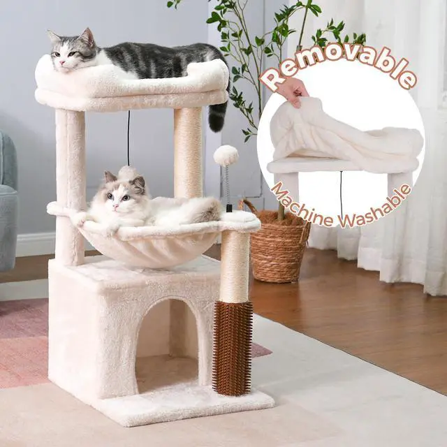Alt view image 5 of 7 - Cat Tree 32 Inches Small Cat Tree for Large Cats Adult Cat Tower with Scratching Post,15.7Large Hammock and Self Groomer, and Removable Top Perch and Wide Condo for Indoor Cats-Beige