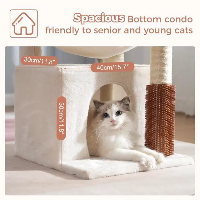 Alt view image 3 of 7 - Cat Tree 32 Inches Small Cat Tree for Large Cats Adult Cat Tower with Scratching Post,15.7Large Hammock and Self Groomer, and Removable Top Perch and Wide Condo for Indoor Cats-Beige