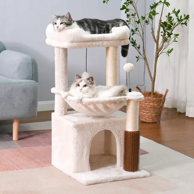 Alt view image 7 of 7 - Cat Tree 32 Inches Small Cat Tree for Large Cats Adult Cat Tower with Scratching Post,15.7Large Hammock and Self Groomer, and Removable Top Perch and Wide Condo for Indoor Cats-Beige